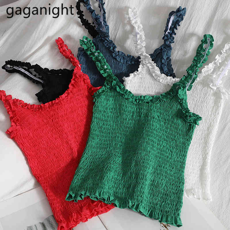 

Gaganight Summer Tube Crop Top Women Korean Solid Strap Ruched Tank Tops Edible Tree Fungus Elastic Slim Camis 5 colors 210519, Red