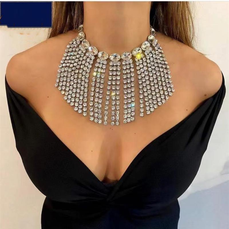 

Chokers Fashion Full Rhinestone Tassel Chain Necklace Wedding Jewelry For Women Luxury Big Crystal Chunky Choker Collar Gifts