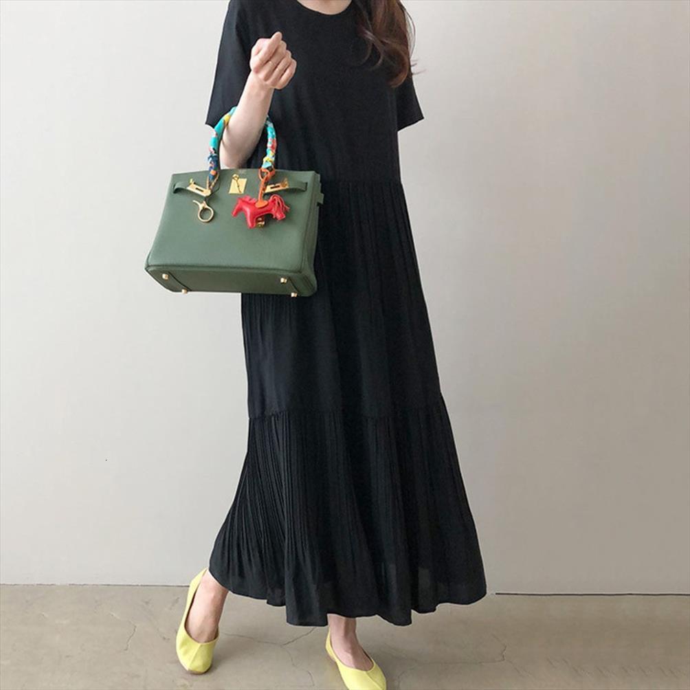 

black casual long maxi japan women dress young girl pullover loose office lady pleated design korean chiffon summer dresses, Black;gray