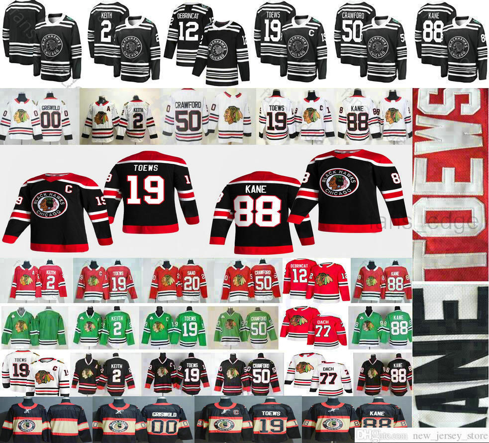 

2021 Reverse Retro Chicago Blackhawks #19 Jonathan Toews 88 Patrick Kane 12 Alex DeBrincat 00 Clark Griswold 2 Keith 77 Kirby Dach Jerseys, Black;red