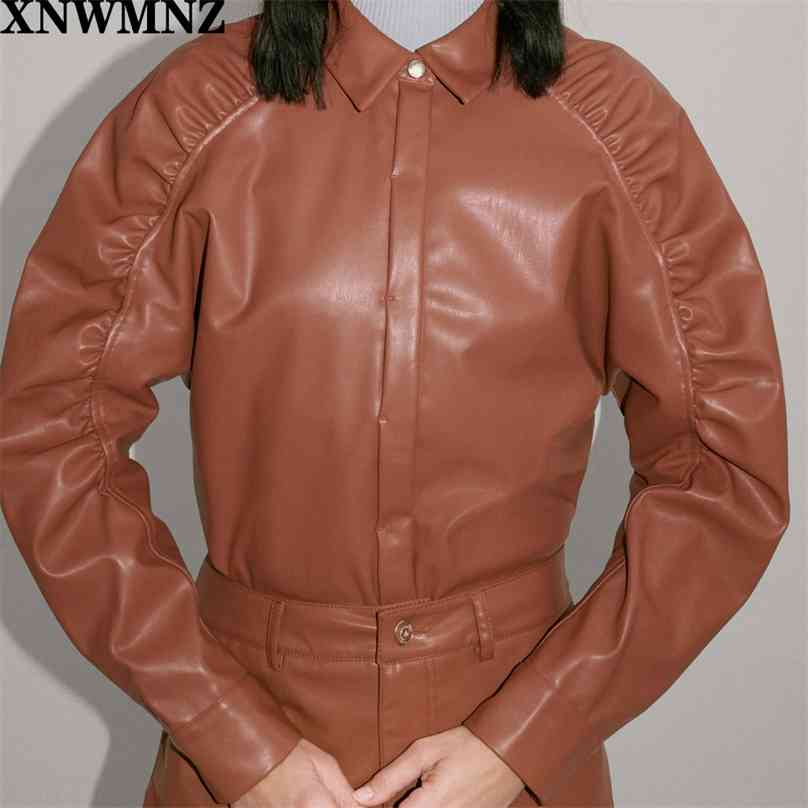 

women Vintage faux leather shirt Fashion long sleeves gathering button-up Collared shirts Female Chic Tops 210520, Brown
