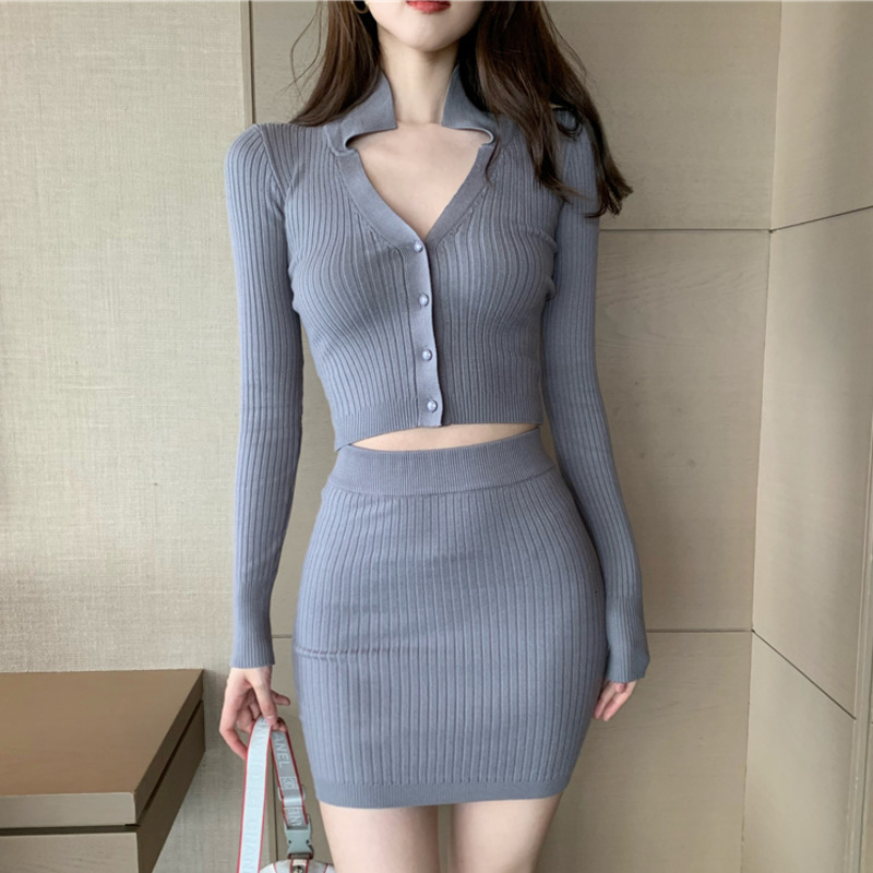 Women&#039;s Jumpsuits & Rompers Spring 2021 Knit Women Set Long Sleeve Cardigan Crop Top And Mini Bodycon Skirt Suits Sexy Outfits Par-image-706114623