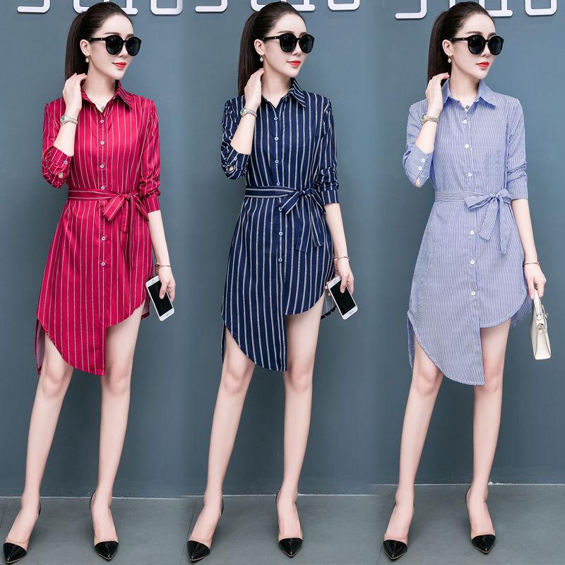 

Women' Blouses & Shirts Spring Female Long-sleeved Striped Shirt Dress Long Section 2021 Korean Fashion Temperament Women UT183, As picture