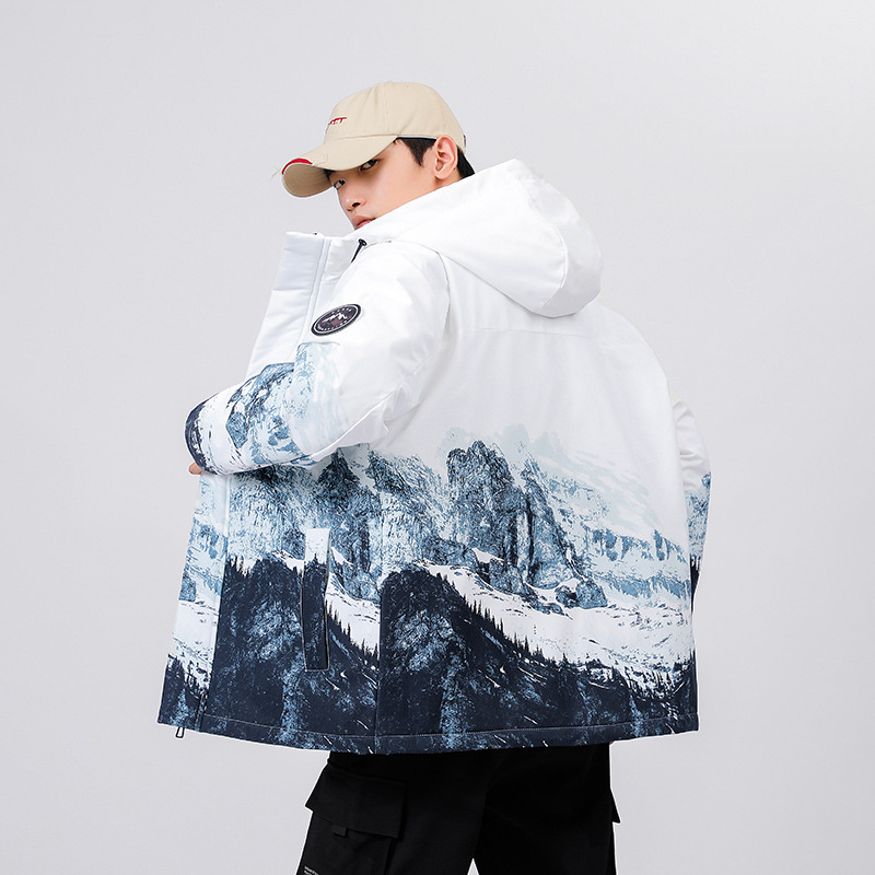 

Hip Hop Parka Bandanna Print Winter Thick Warm Windproof Jacket Men's Bomber Unisex Women's Streetwear Coat Casual Chic, White