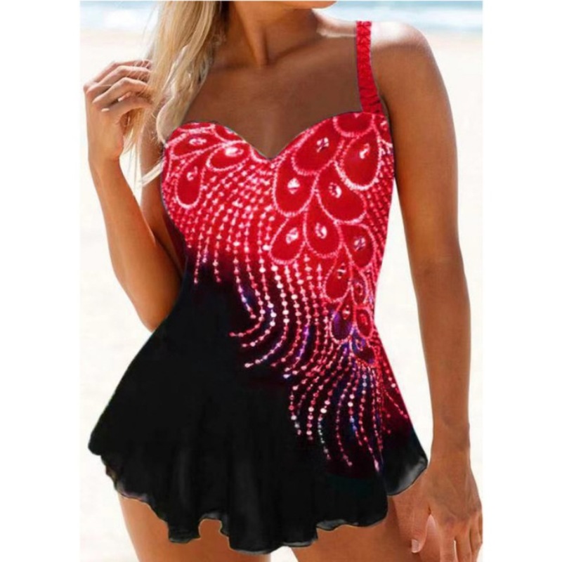 Split Swimsuit with Feather Print and Contrast Stitching Sexy Slim Bikini-image-674168116
