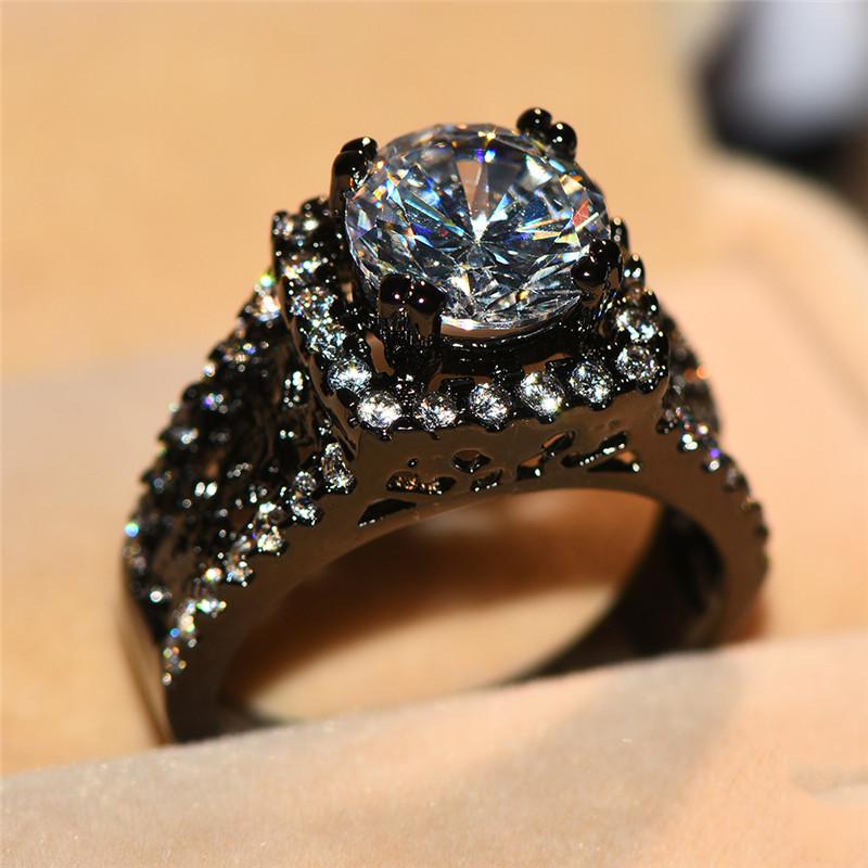 Wedding Rings Luxury Men Women Big Crystal Stone Ring Vintage 14KT Black Gold Filled Bands Large Solitaire Engagement-image-711459844