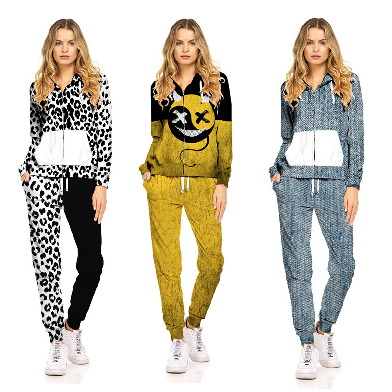 

Printed Fleece Sweater Cardigan Zipper Hooded Slim Ladies Suit, White