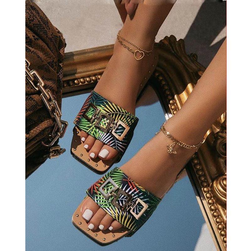 

fvfv] 2021 Summer Fashion Beach Shoes Wear Leopard Print Women's Square Heel Plus Size Slippers Ladies Sandal, Black