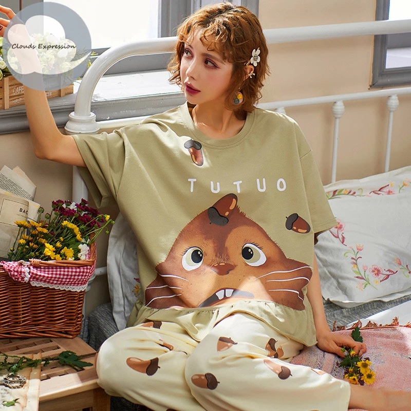 

2021Summer Knitted Cotton Cartoon Womens Pajama Set Nightwear Long Pants Womens Pajama Sets Mujer Sleepwear Lounge Home Fashion, Black;red