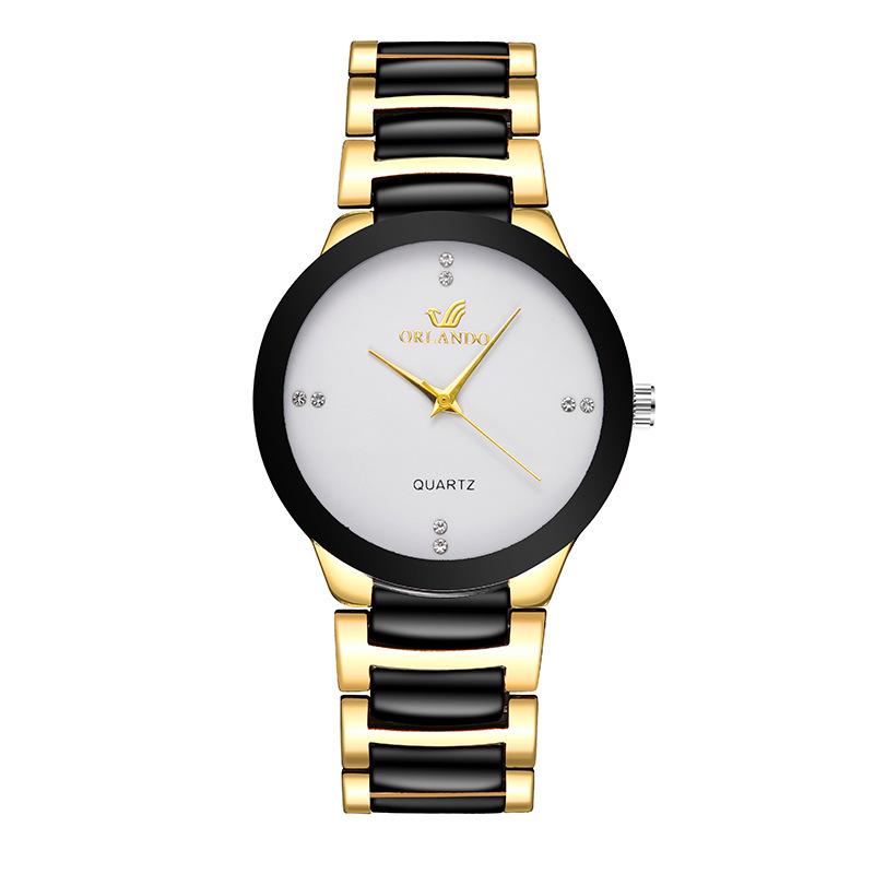 

Wristwatches Gold Alloy Steel Band Couple Watch 8 Rhinestone Scale Imitation Tungsten Ceramic Foreign Trade Quartz, White