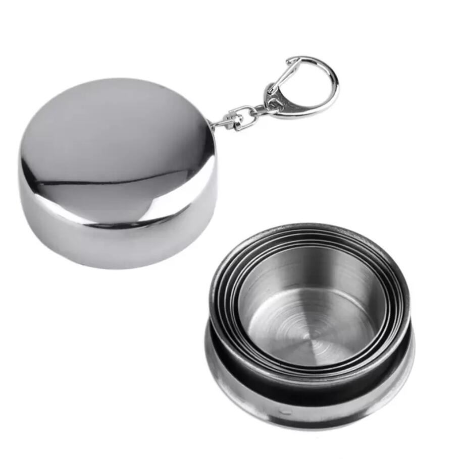 

Portable Stainless Steel Foldable Cup Mug 75ml Outdoor Travel Collapsible Telescopic Cup Hiking Camping Water Coffee with Keychain, Silver