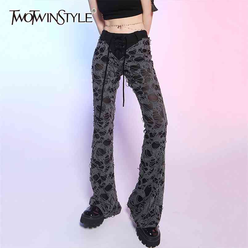 

Casual Patchwork Hole Pant For Women High Waist Lace Up Full Length Flare Pants Females Spring Fashion Stylish 210521, Darkgrey