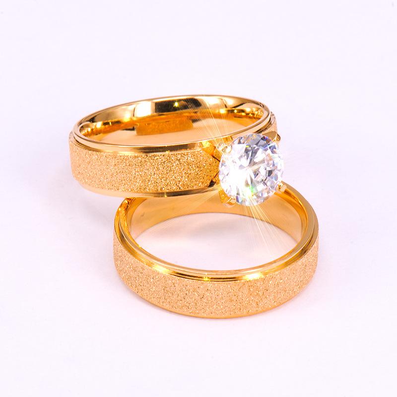 Wedding Rings Diamon Romantic Gold Titanium Steel Couple Ring Simple Crystal Polished 8MM Scrub Engagement Finger For Lovers-image-702989089