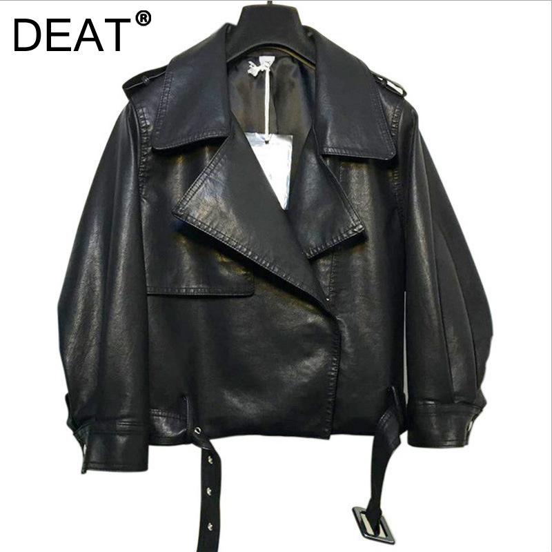 

Women's Leather & Faux DEAT Women Solid Jacket Sashes Turn Down Collar Long Lantern Sleeve Designed Fashion Autumn Winter 2021 11D2229, Black