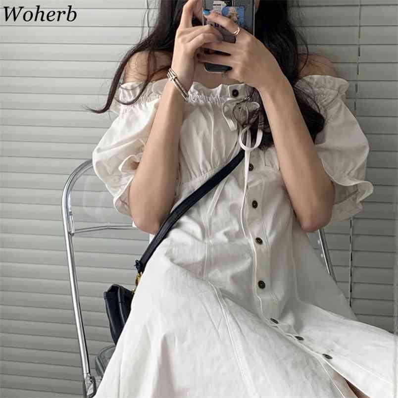 

Ruffles Off Shoulder Midi Dress Women Summer Robe Korean Fashion Puff Sleeve Vestidos Single Breasted A Line Dresses 210519, White