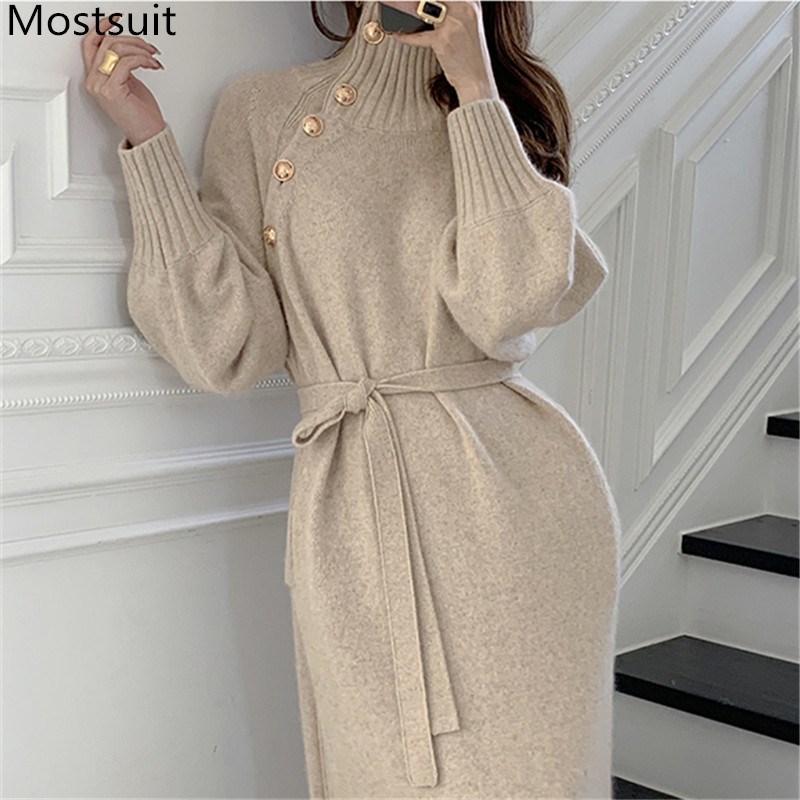 

Winter Turtleneck Buttons Women Knitted Sweater Dress Full Sleeve Lace-up Elegant Korean Female Thicken Long Dresses Vestidos 210518, Apricot