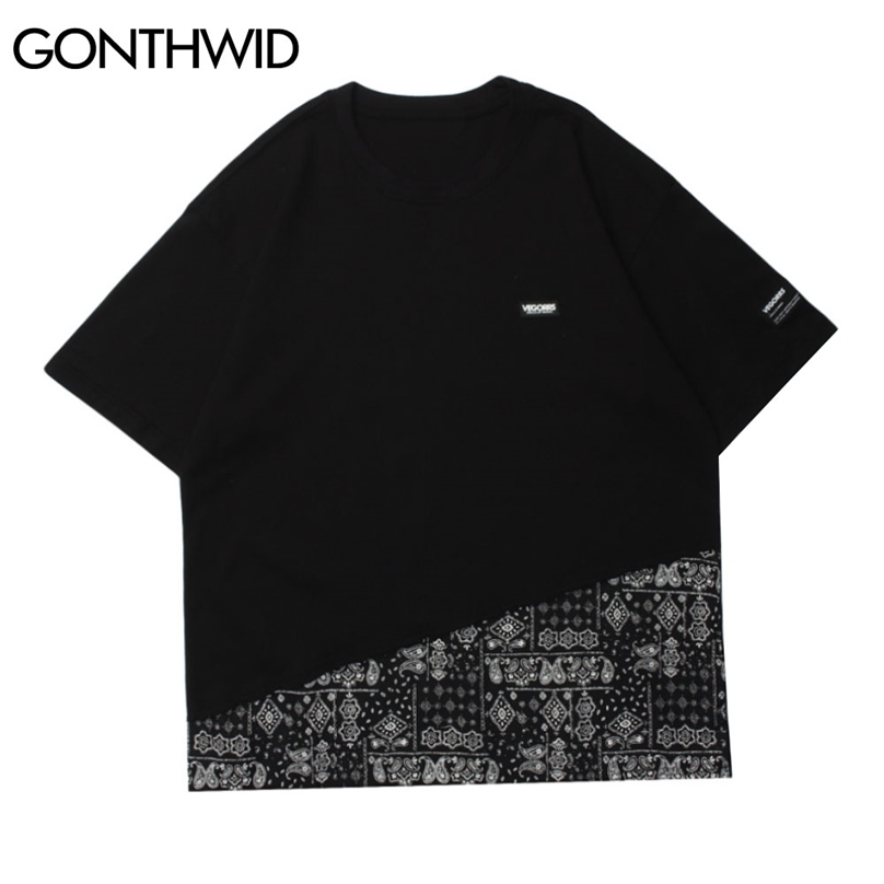 

Hip Hop Tshirts Streetwear Bandana Paisley Pattern Patchwork Short Sleeve Tees Shirts Summer Fashion Casual Cotton Tops 210602, Black