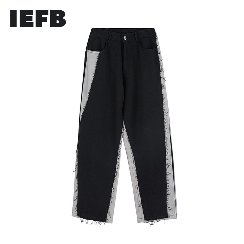 

IEFB High Street Fashion Design Men' Straight Trousers Spring Contrast Color Patchwork Raw Rage Vintage Streetwear Pants 210524, Black 9y6094