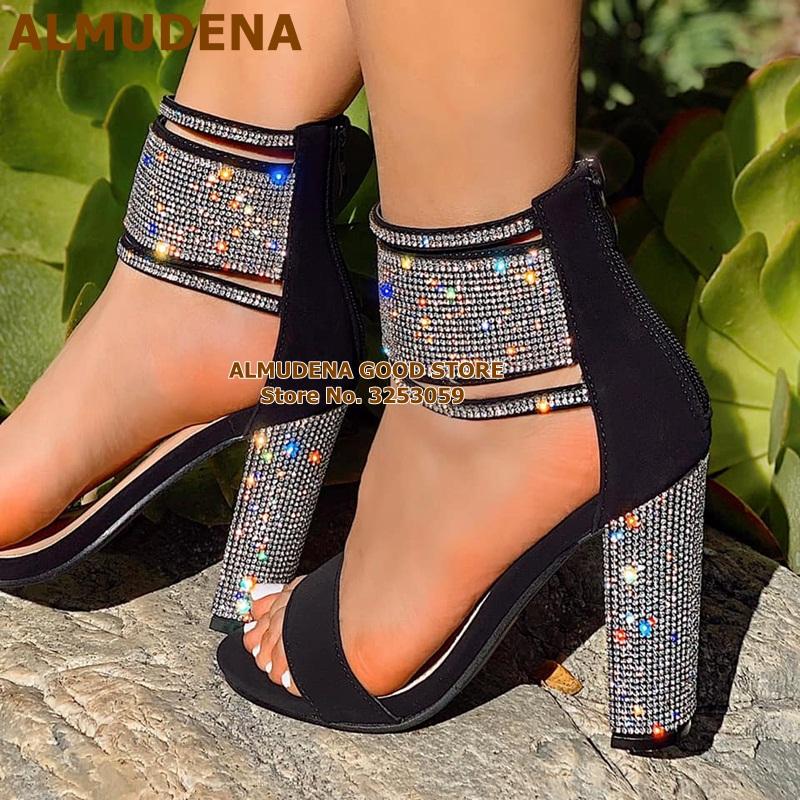 

Sandals ALMUDENA Bling Rhinestone Chunky High Heels Black Silver Glitter Strappy Wedding Shoes Sparkly Sequin Banquet Pumps