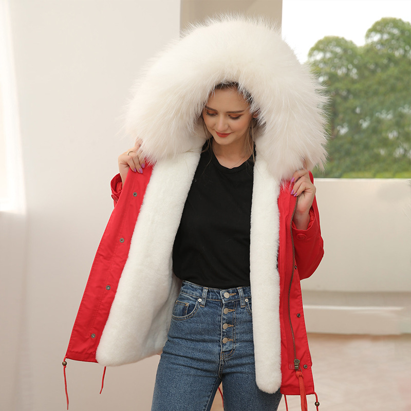 

lavish white raccoon trim collar meifeng brand winter parkas rex rabbit fur lining red mini canvas jackets ykk zipper women snow coats, Army green coat