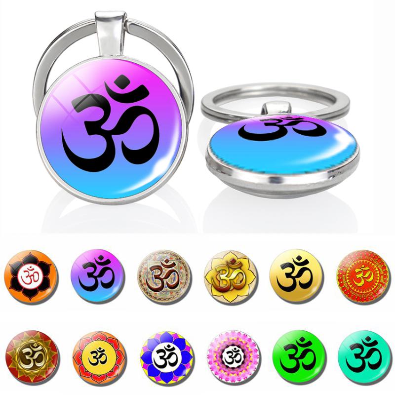 

Keychains 1pc Om Yoga Symbol Double Face Keychain Buddha Lotus Art Glass Cabochon Jewelry Keyring Religion Pendant Women Gift