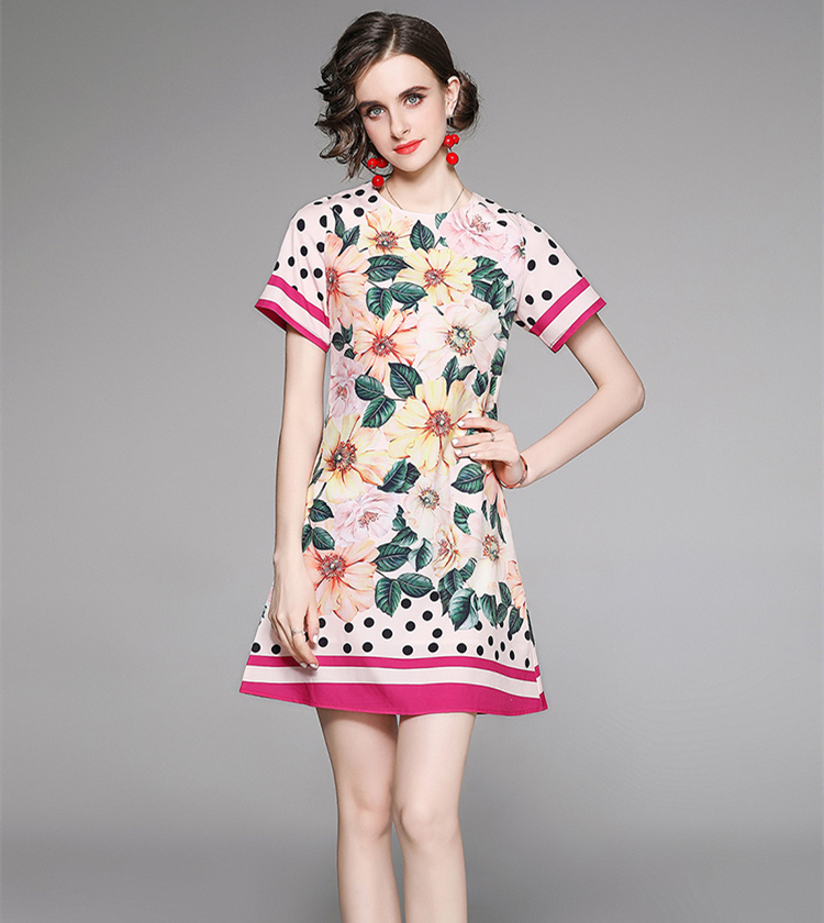 

2021 Runway Floral Polka Dot Dress Women Designer Short Sleeve O-Neck Classic Office Ladies Slim A-Line Casual Dresses Summer Autumn Chic Vacation Party Printed Frock, Purple
