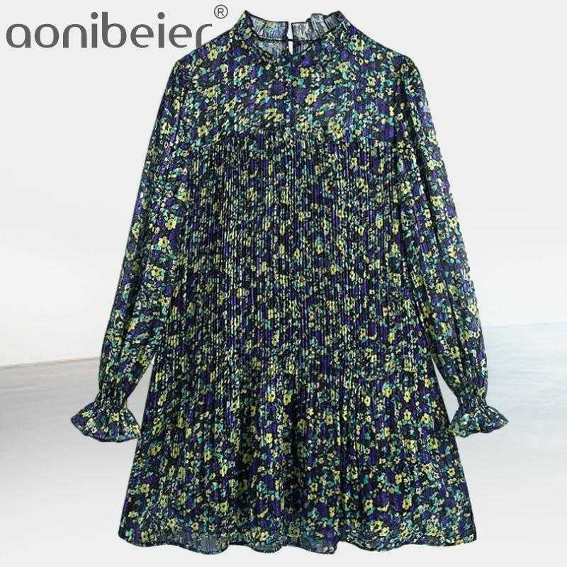 

Spring Women Floral Print Pressed Pleat Splicing Chiffon Mini Dress Female Long Sleeve Clothes Casual Lady Loose 210604, As picute