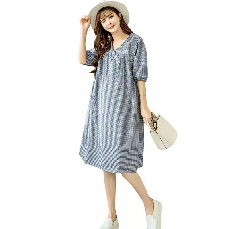 

Korean Maternity Clothings Dresses Pregnancy Dress Plaid Loose V-neck Elegant For Pregnant Women, Blue 8188