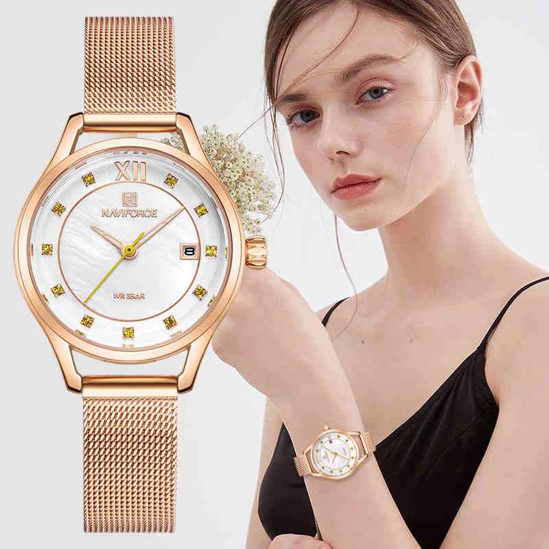 

NAVIFORCE Luxury Crystal Watch Women Rose Gold Steel Mesh Ladies Wrist Watches Bracelet Girl Clock Relogio Feminino 210517, Green