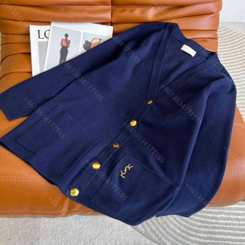 

Classic designer clothes wool knit sweater jacket gold thread embroidery navy blue gold cardigan of the highest quality letter logo brand sw, White;black