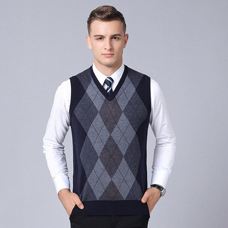 Vest pour hommes Pull tricoté Plaid Shandy Style Vintage Sweater Cardigans V Cou Cou Chute Winter Vin Gris Gris Gris B8FP #
