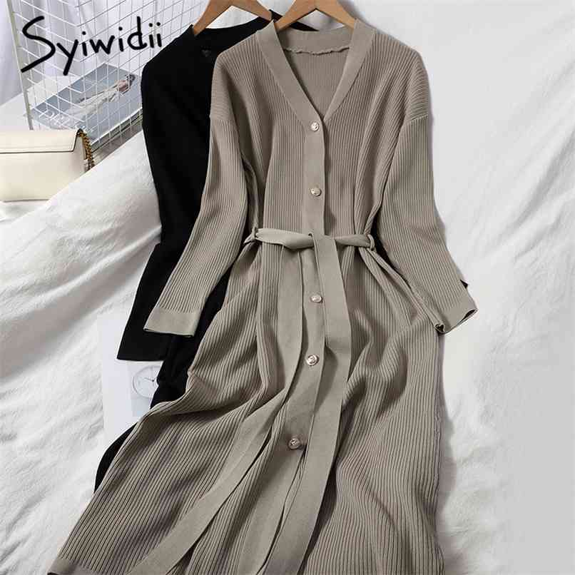 

Knitted Dresses for Women Autumn Fashion V-Neck Casual Korean Clothes Button Up Long Sleeve A-line Midi Dress 210607, Khaki