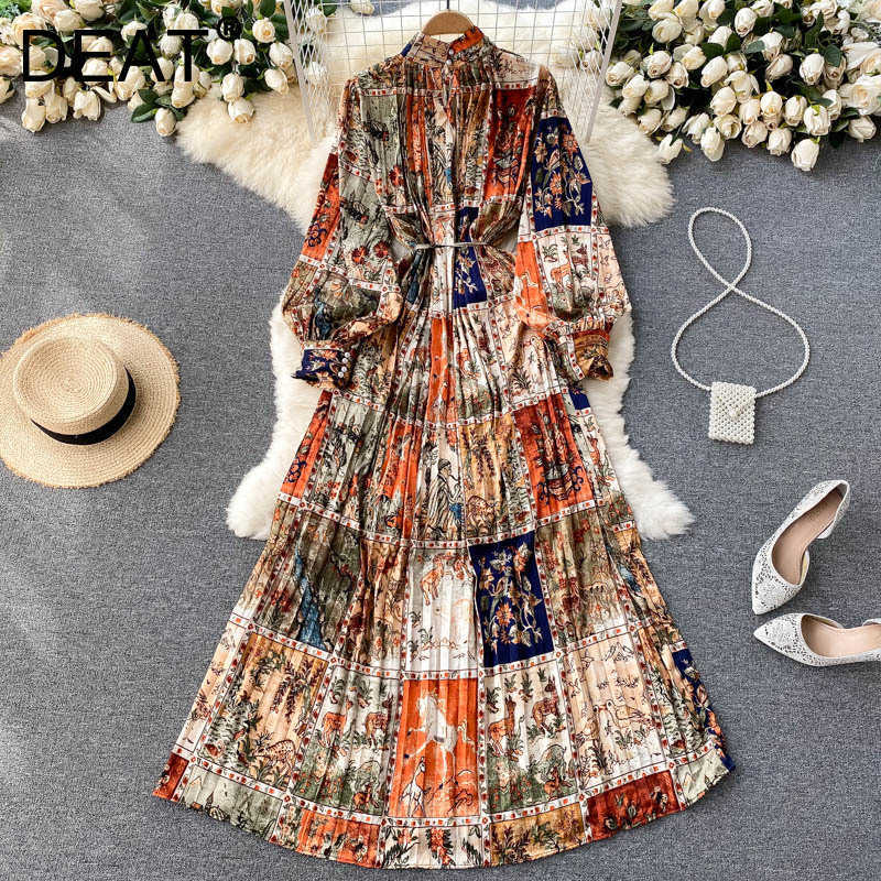 

DEAT Women Pleated Printing Dress Round Neck Long Sleeve Lady Temperament Fashion Spring Summer 11D1550 210709, Color