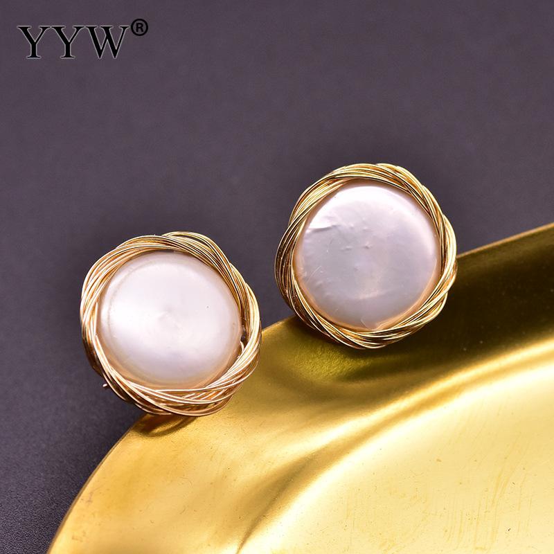 

stud natural baroque pearl earrings temperament hand-wrapped for woman daily wear or matching evening dress ear, Golden;silver