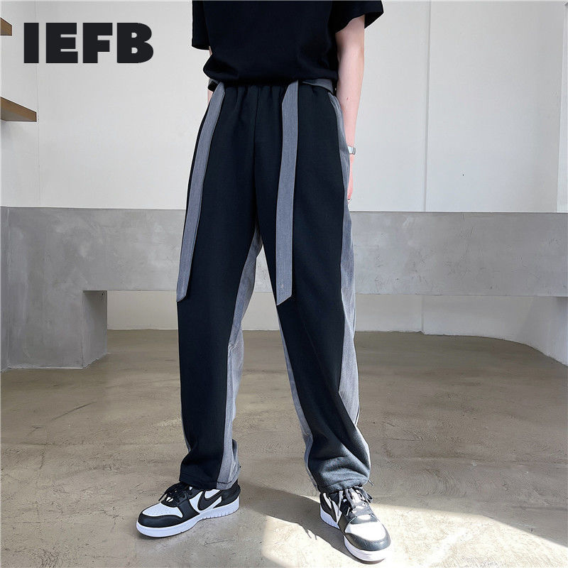 

IEFB Contrast Color Patchwork Design Men's Sports Casual Pants Lightweight Straight Turnup Pants Causal Trousers With Belt Y6990 210524, Black
