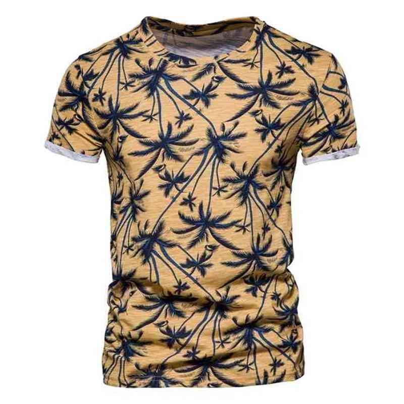 

AIOPESON Hawaii Style T-shirts Men O-neck Casual High Quality Beach s T Shirt Summer 100% Cotton Printed Top Tees 210716, Orange red