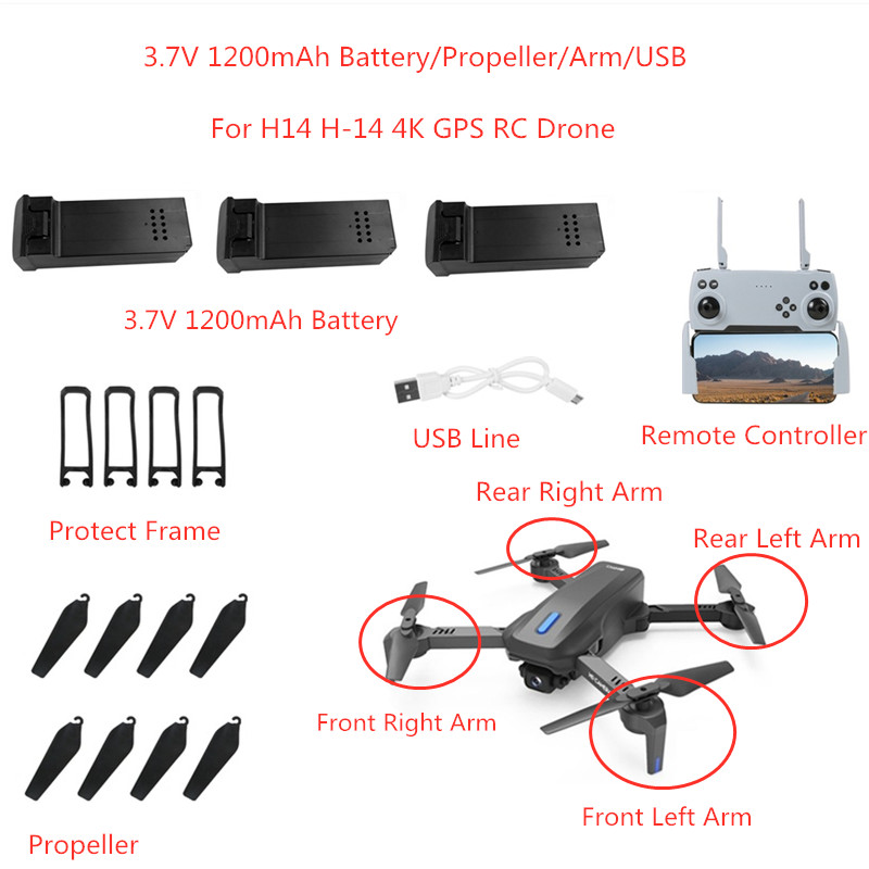 

H14 H-14 RC Drone Spare Parts 3.7V 1200MAH Battery Propeller Arm Motor USB Line H14 Accessories And Blades Remote Controller, 1set propeller