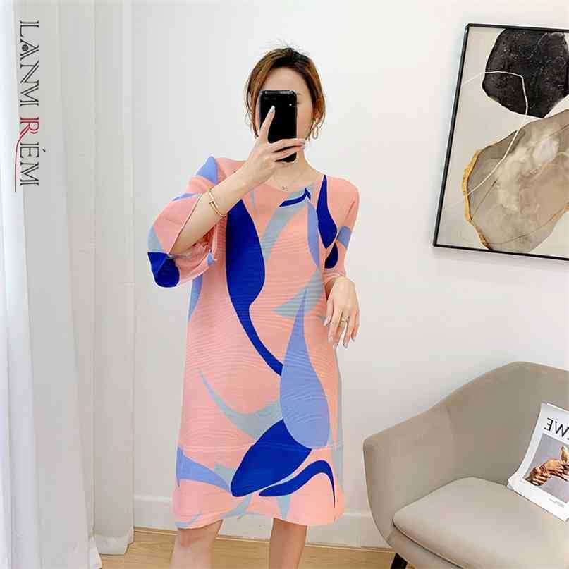 

Women Pleated Printing Big Size Dress Round Neck Three Quarter Sleeve Loose Fit Female Fashion Summer 2E1878 210526, Red