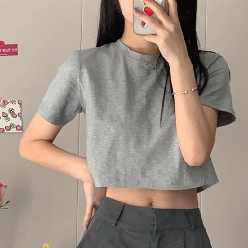 

Women's T-Shirt Women Cropped Solid Sexy Minimalist Slim Casual Fashion Preppy Chic Basic Tops Korean Style Streetwear, White