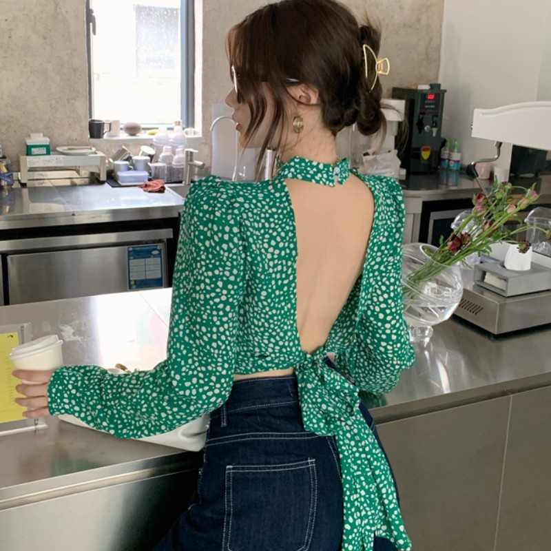 

Sexy Backless Green Chiffon Floral Print Women Blouse Shirt O Neck Puff Long Sleeve Short Bloused Lace Up Ladies Blusas 210526