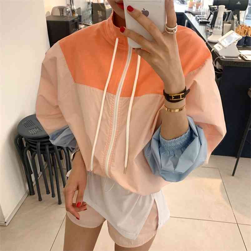 

Korea Fashion stand collar Long sleeve hit color jacket coat + casual short pants 2 Piece Set women set 210519, Picture color
