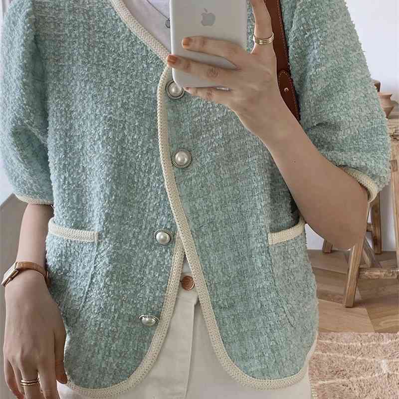 Women&#039;s Suits & Blazers Vintage Tweed Coat For Women Summer England Style Plaid Tassel Gold Buttons Elegant Puff Short Sleeve Jac-image-699910199