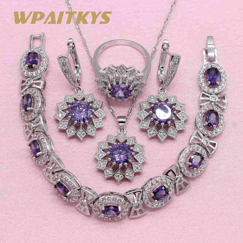 

Noble Purple Cubic Zirconia Silver Color Jewelry Sets For Women Flower Shaped Earring Pendant Necklace Ring Bracelet