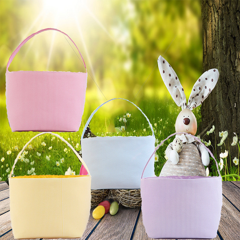 

Seersucker Easter Basket Festive Stripe Easters Egg Hunting Bucket Candy Gift Carry Baskets Festival Party Favors