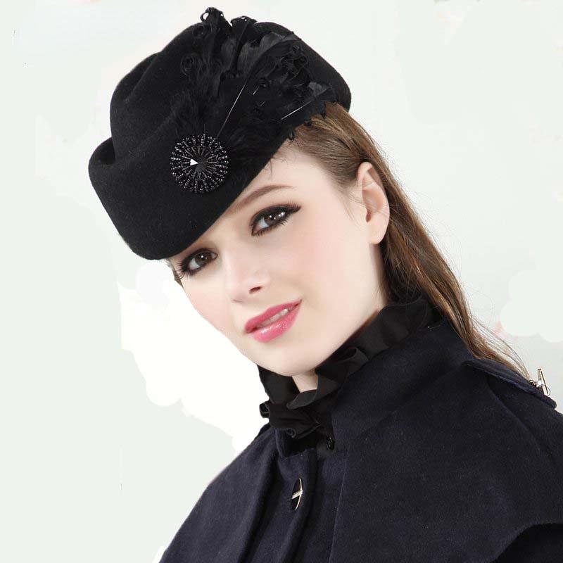 

Stingy Brim Hats Women Hat Fashion Noblewoman Vintage Wool Felt Elegant Beret Feathers Stewardess Fedora Ladies Formal Caps, Black