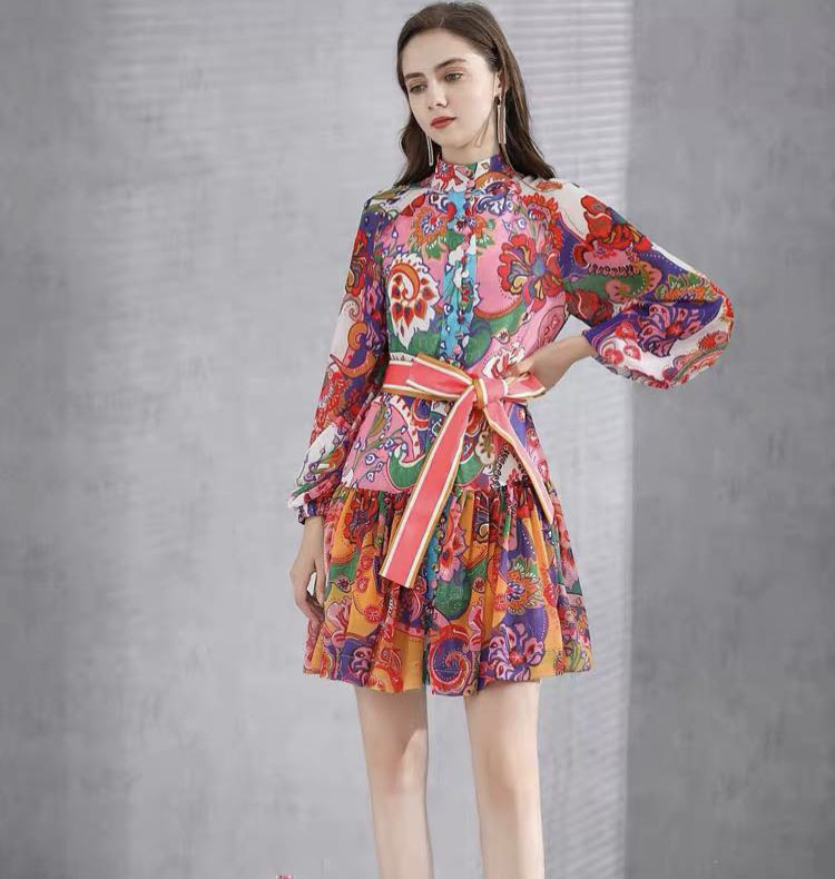 

2021designer vintage floral printed mini dresses for women long sleeve single-breasted elegant retro party dinner ruffles dress robe, Black;gray