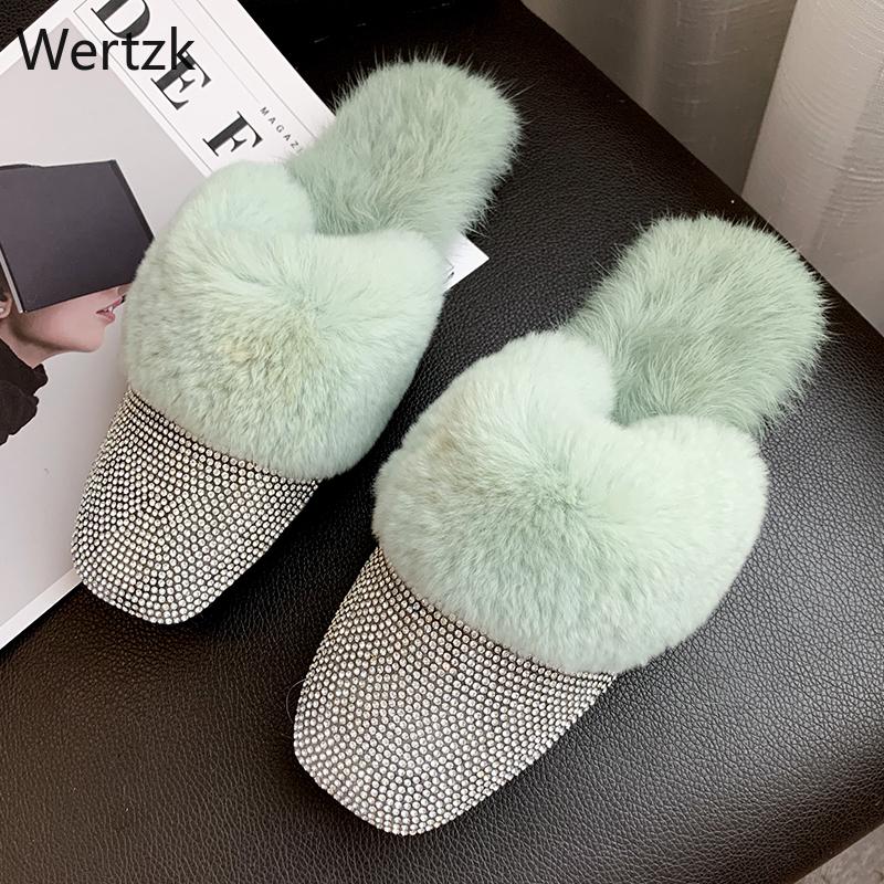 

Slippers Round Toe Designer Hair Shoes Women Luxury Rhinestone Fur Crystal Diamond Mules Slip On Half Flats B087, Black