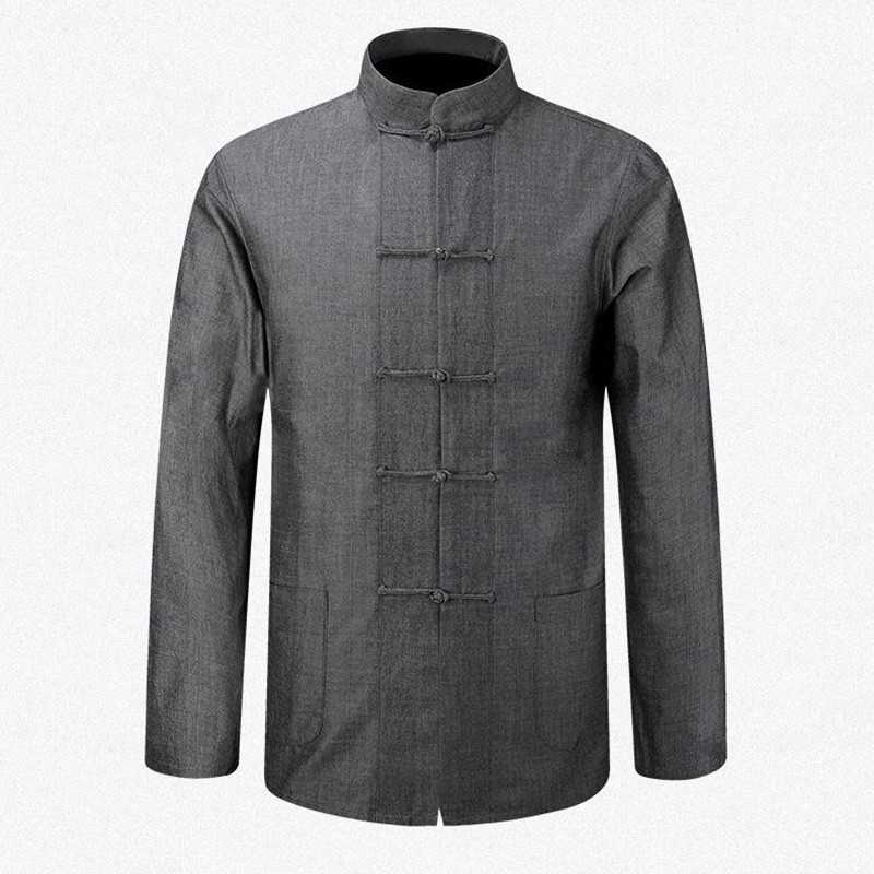

New Male Cotton Shirt Traditional Chinese Men Coat Clothing Kung Fu Tai Chi Uniform Autumn Spring Long Sleeve Jacket for Man X0710