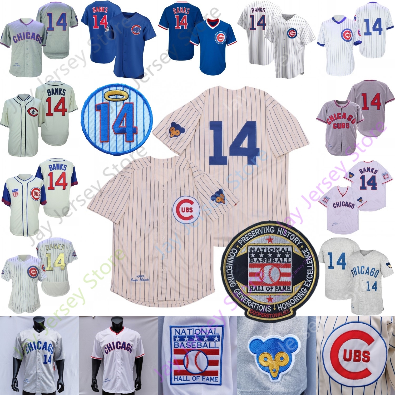 

Ernie Banks Jersey 14# Hall Of Fame Patch 1929 1942 1969 1995 WS Grey White Cream 2016 WS Gold Baby Blue Pinstripe Cooperstown Player Pullover Size S-3XL, 1968 white cooperstown
