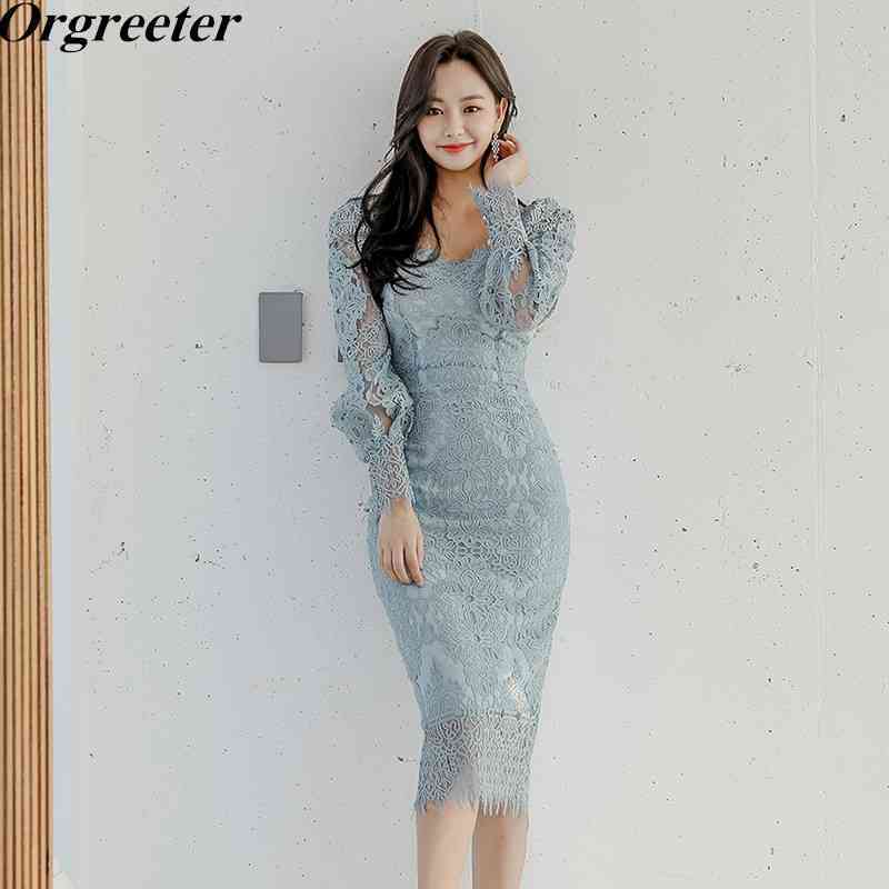 

Elegant Party Lace Dress Spring Fall Fashion Square collar Puff sleeve Hollow out Embroidery Sexy Bodycon Pencil Dres 210525, Blue